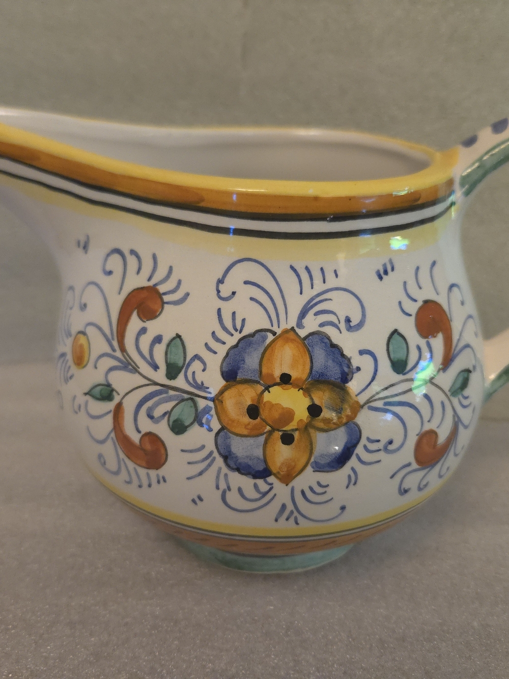 Vintage Deruta Italy Hand-Painted Floral Ceramic Pitcher with Blue and Yellow